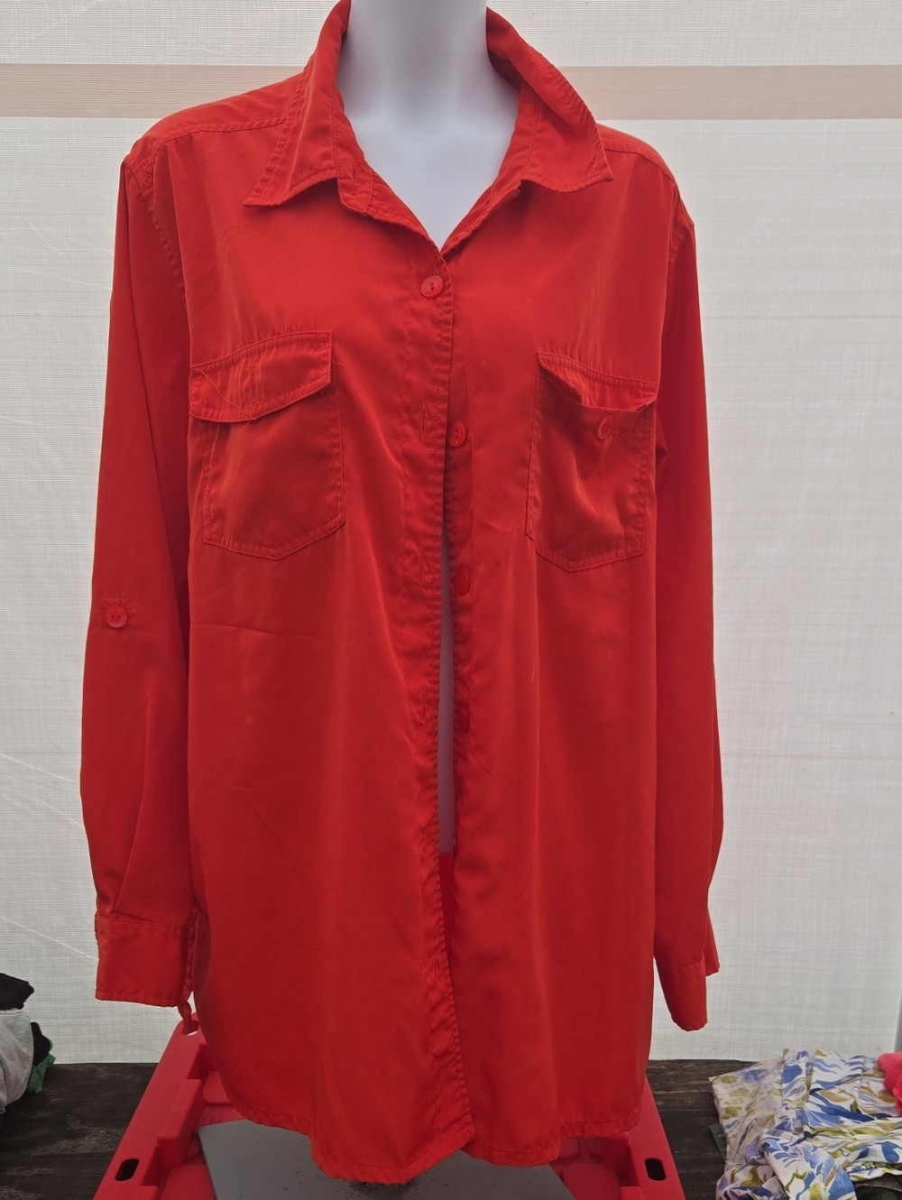 Roaman's Bright Red Button-Front Shirt with Chest Pockets